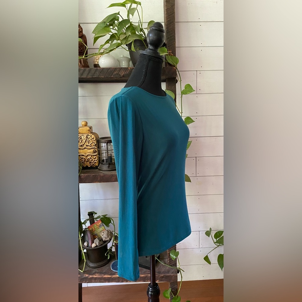 Kaileigh: Green Teal Stretchy Long Sleeve Women's Top With Outer Lace Shell - Picture 5 of 16